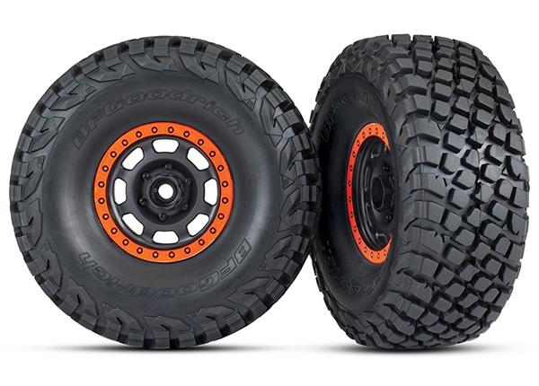 Traxxas Tires & wheels, assembled, glued (Desert Racer wheels, black with orange beadlock, BFGoodrich® Baja KR3 tires) (2)