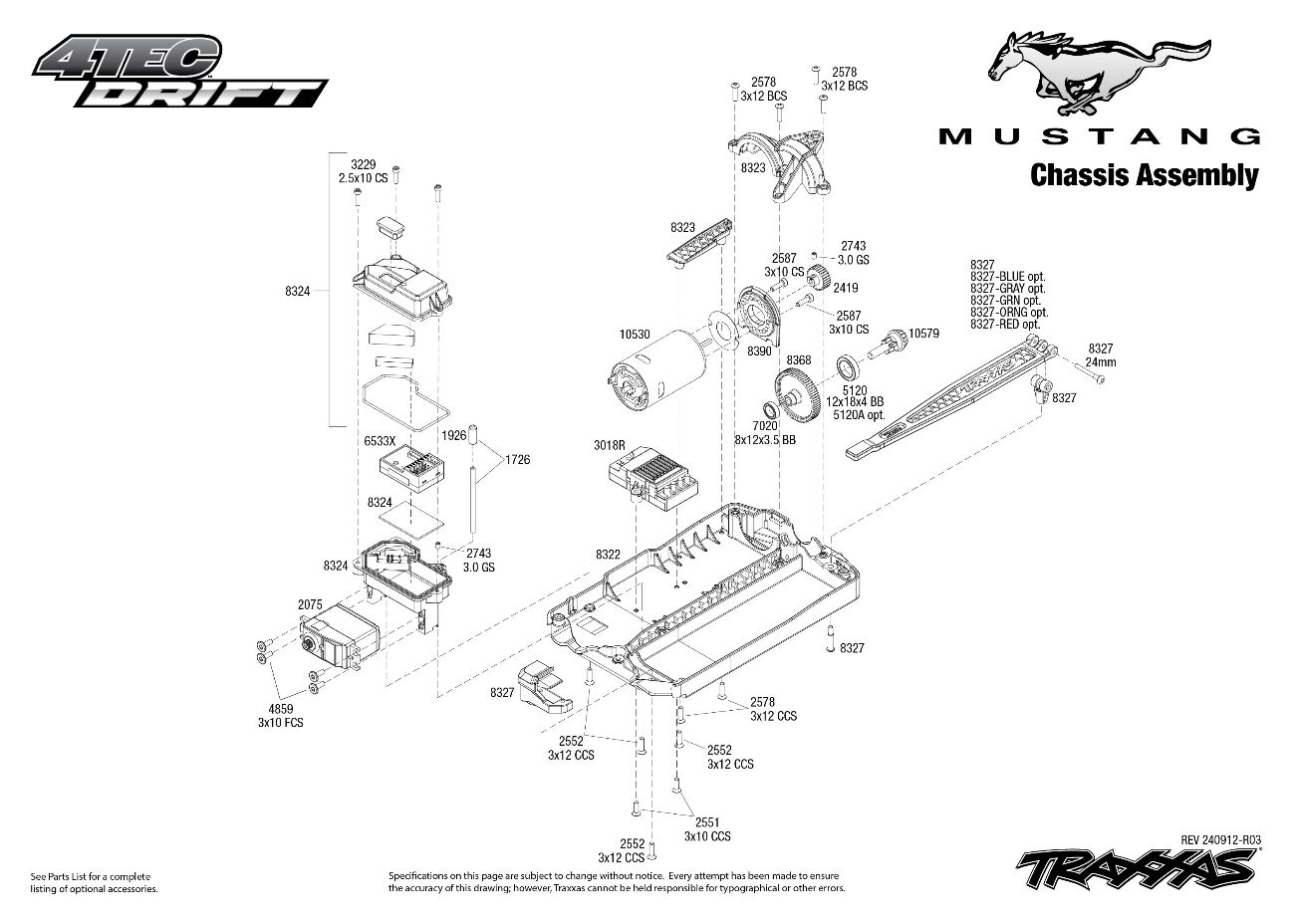 Traxxas 4-Tec Drift Ford Mustang (105237-4) Chassis Assembly Exploded View