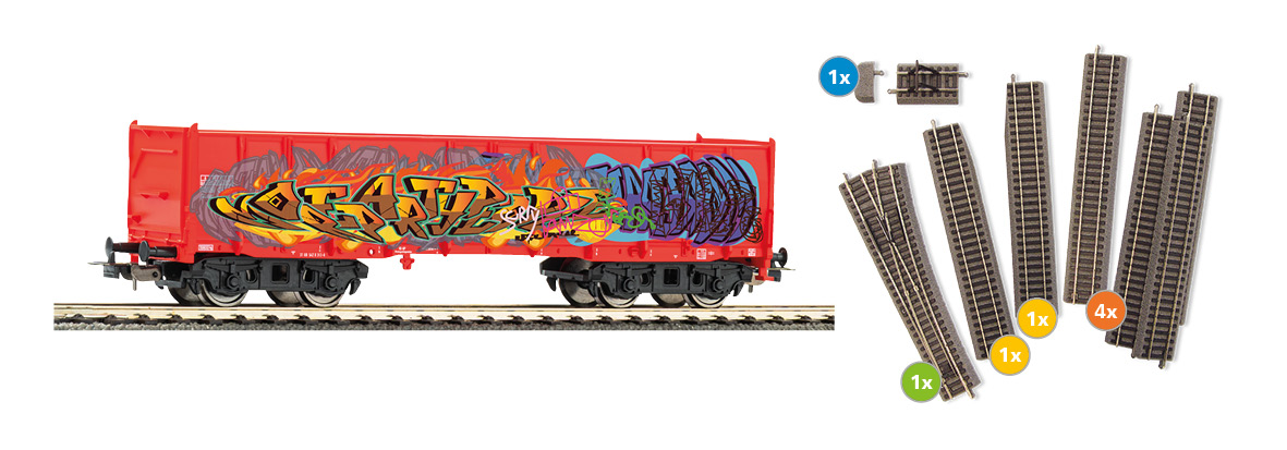 Piko Uitbreidingsset Eaos Goederenwagon met Graffiti en Spoorverlenging met Bedding HO