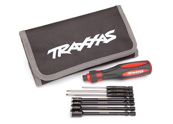 Traxxas Speed Bit Essentials Set hex and nut driver 7-piece includes premium handle (medium), travel pouch, hex drivers (straight: 1.5mm, 2.0mm, 2.5mm) and nut drivers (5.0mm, 5.5mm, 7.0mm, 8.0mm)