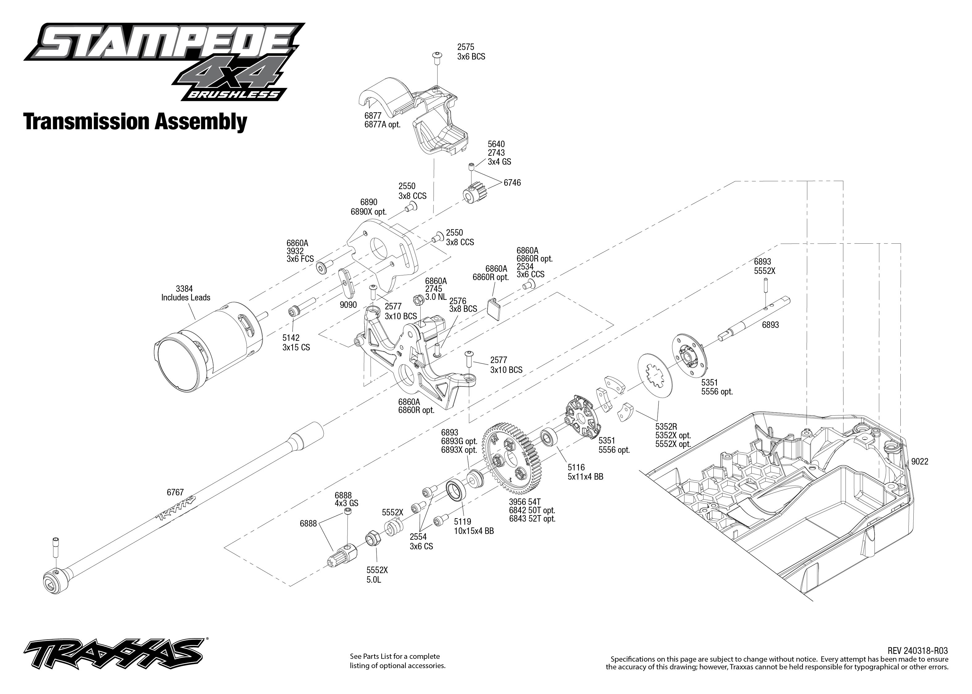 Traxxas Stampede 4X4 BL-2s (67154-4) Transmission Assembly Exploded View