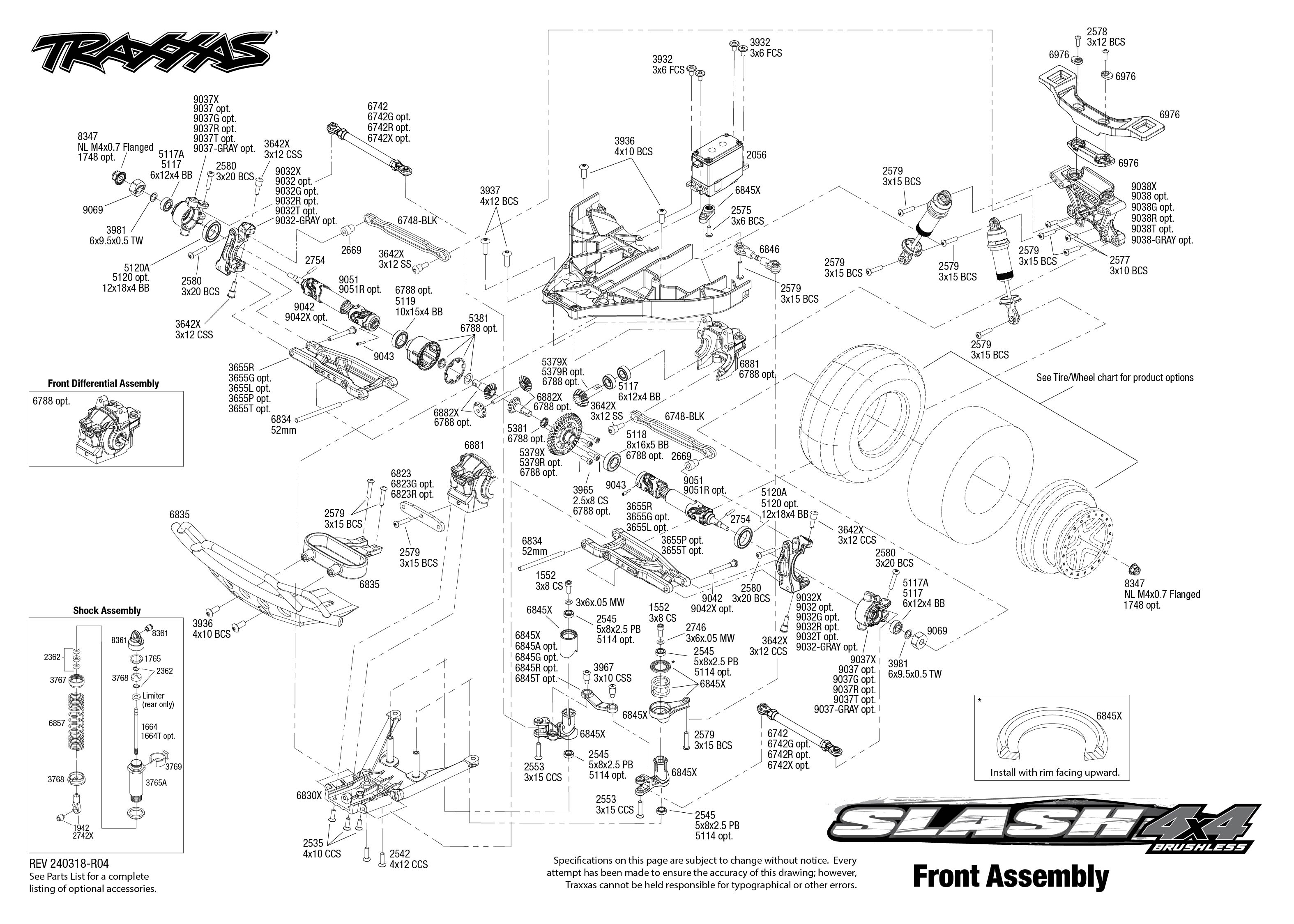 Traxxas Slash 4X4 Brushless (68154-4) Front Assembly Exploded View