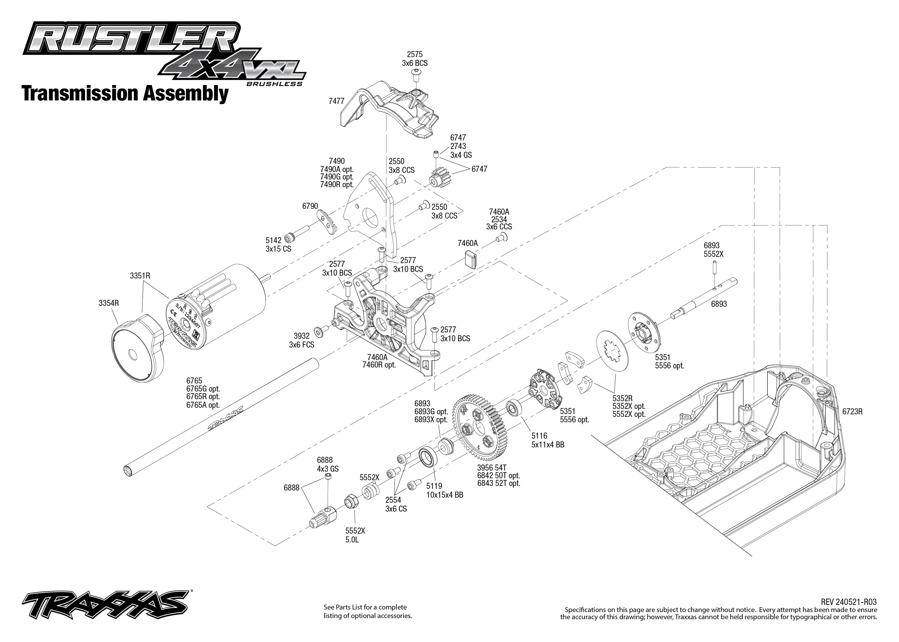 Traxxas Rustler 4X4 VXL (67376-4) Transmission Assembly Exploded View