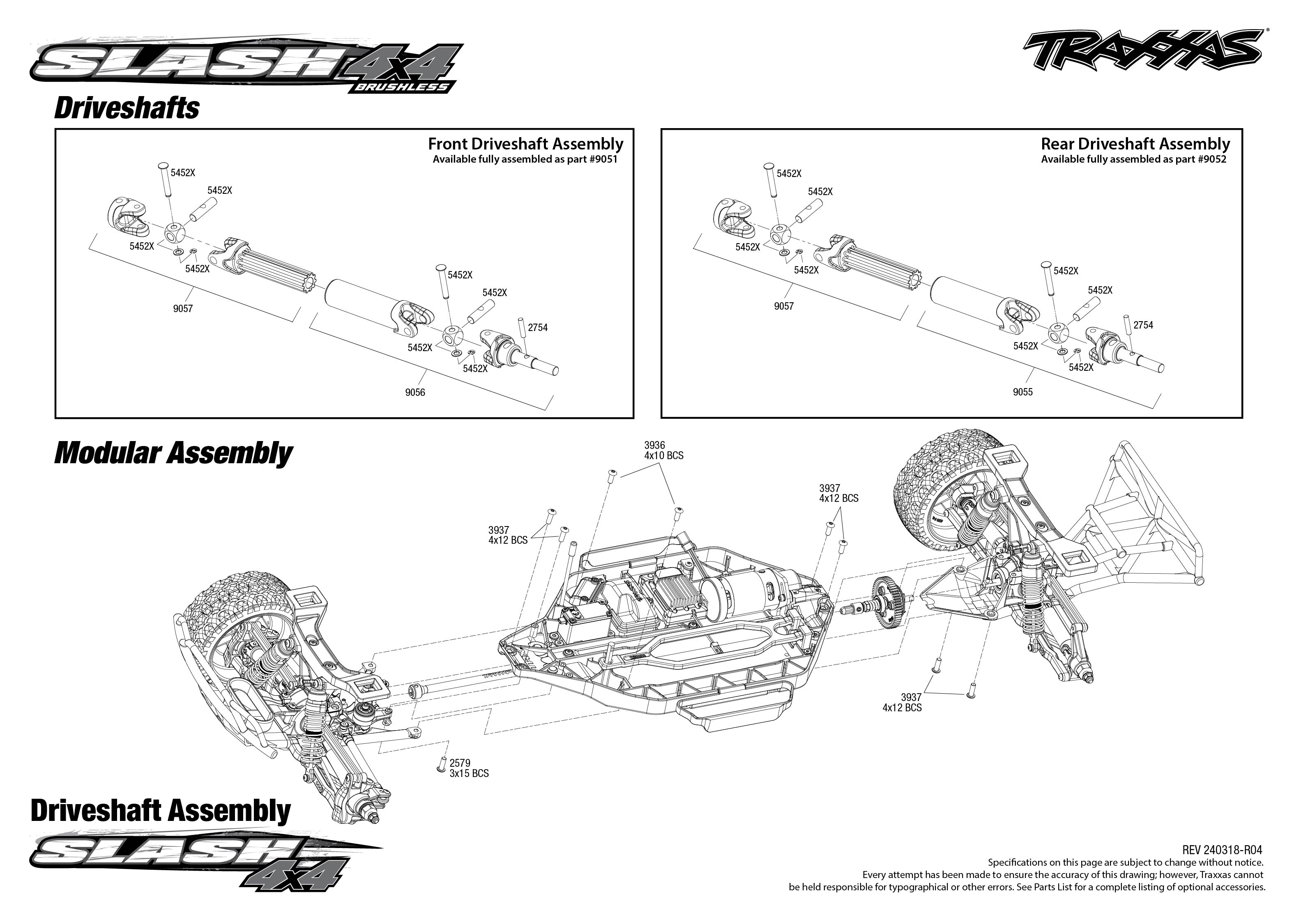 Traxxas Slash 4X4 Brushless (68154-4) Driveshafts Assembly Exploded View