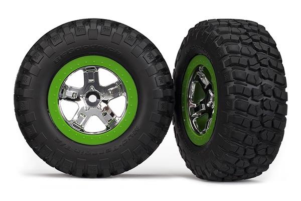 Traxxas Tire & wheel assy, glued (SCT, chrome, green beadlock wheel, BFGoodrich® Mud-Terrain™ T/A® KM2 tire, foam inserts) (2) (4WD front/rear, 2WD rear only)