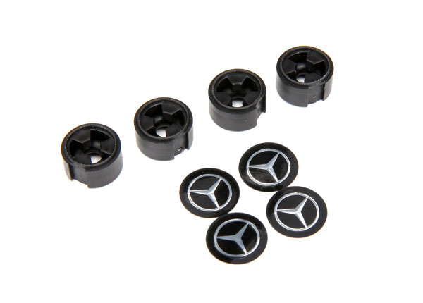 Traxxas Center caps, Mercedes-Benz® G 500® wheel (black) (4) (requires #8255A extended thread stub axle)