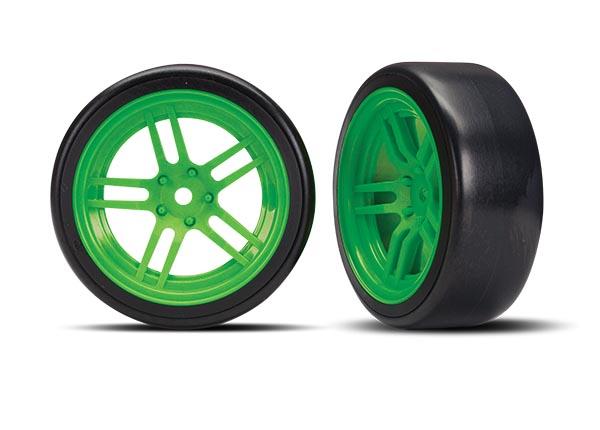 Traxxas Tires & wheels, assembled, glued (split-spoke green wheels, 1.9" Drift tires) (front) (2)
