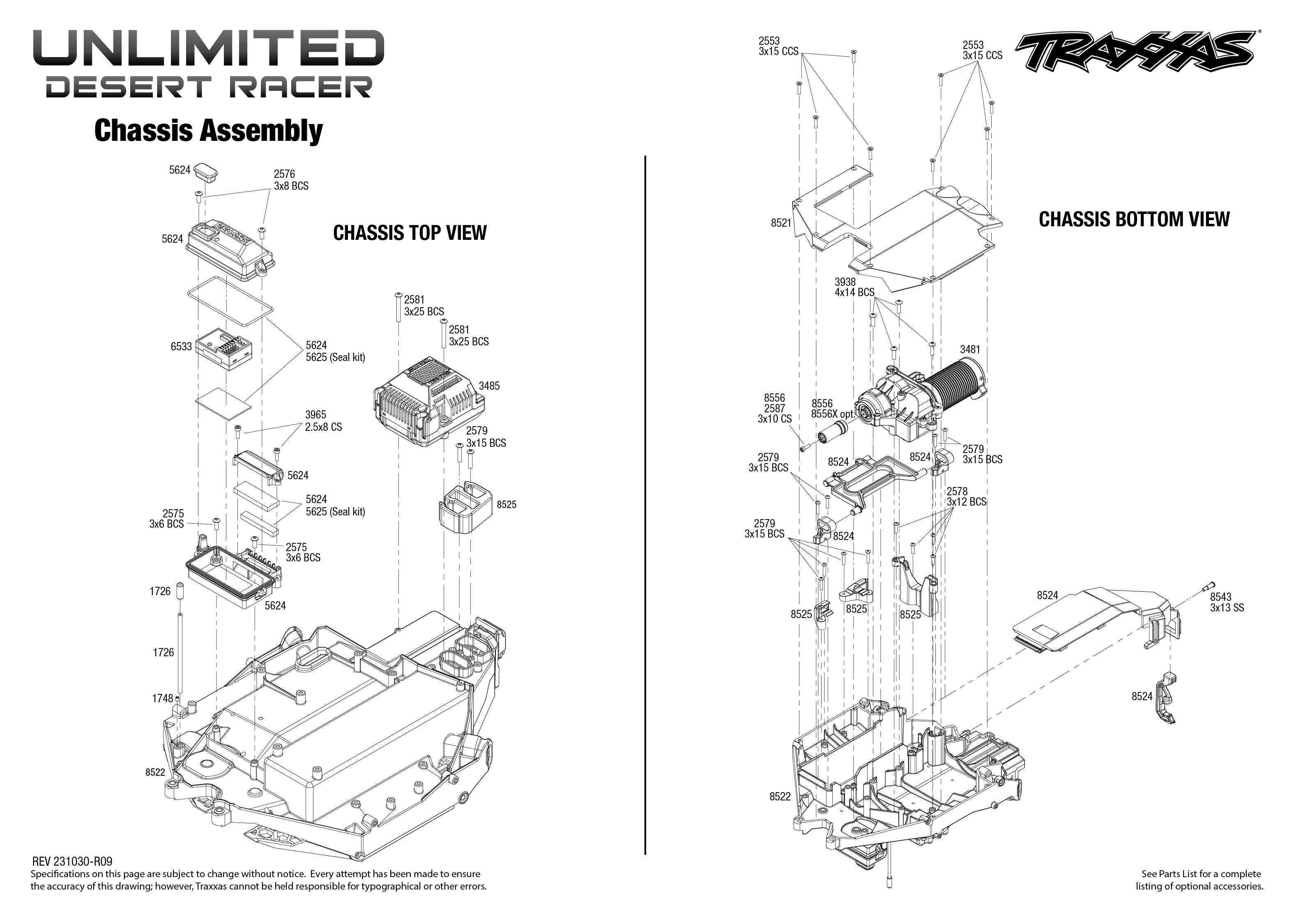 Traxxas Unlimited Desert Racer (85086-4) Chassis Assembly Exploded View