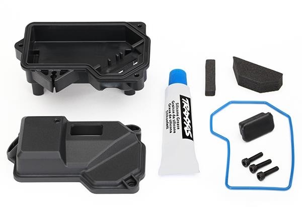 Traxxas Box, receiver (sealed)(steering servo mount)/ receiver cover/ access plug/ foam pads/ silicone grease/ 2.5x10 CS (3)