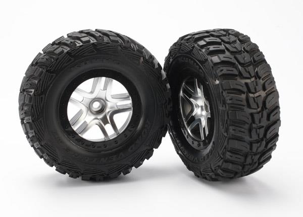 Traxxas Tire & wheel assy, glued (SCT Split-Spoke satin chrome, black beadlock style wheels, Kumho tires, foam inserts) (2) (2WD front)
