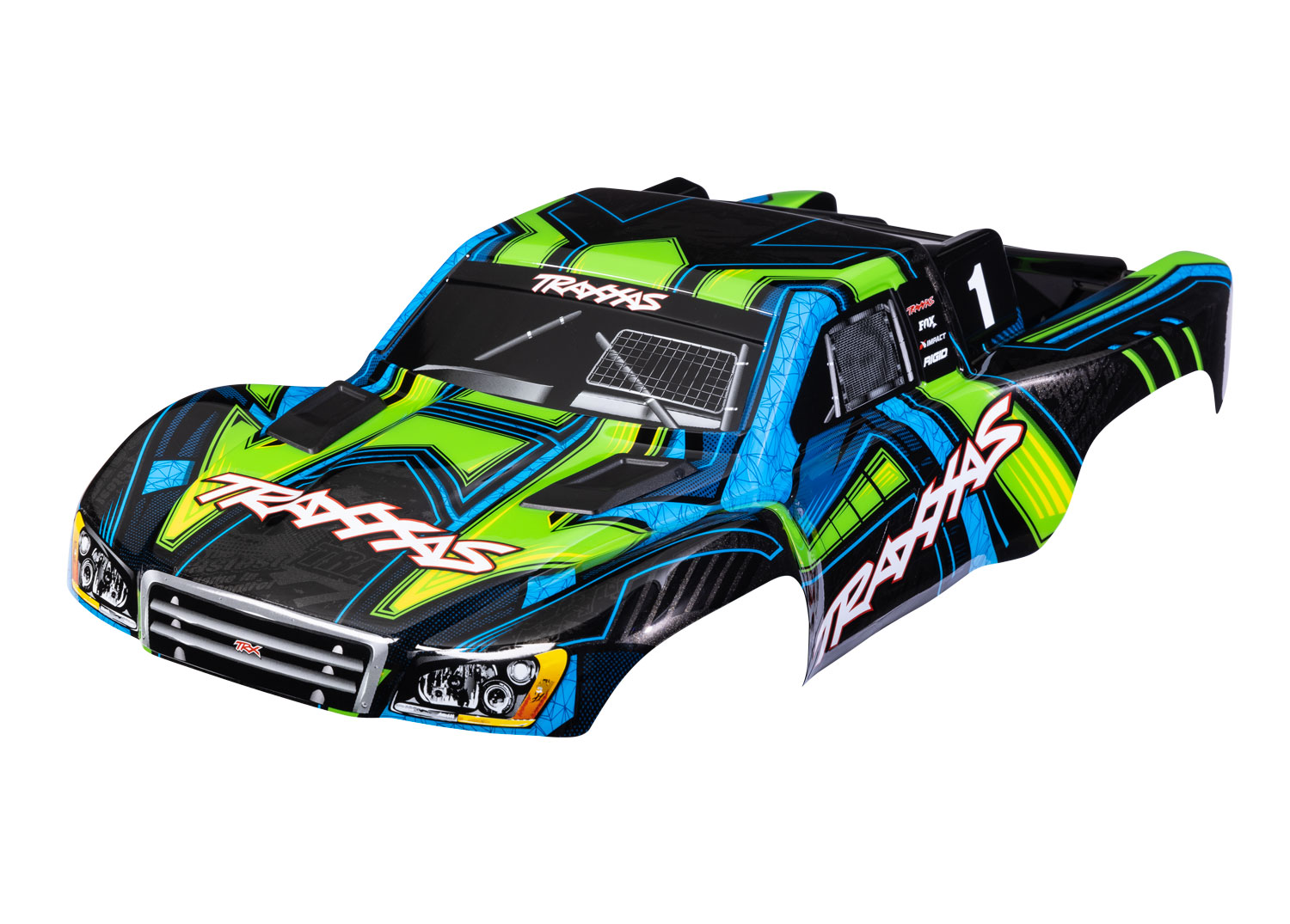 Traxxas Body, Slash® 4X4 (also fits Slash® VXL & Slash® 2WD), green and blue (painted, decals applied) (assembled with front & rear latches for Clipless mounting)