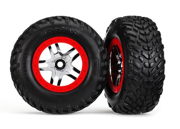 Traxxas Tires & wheels assembled, glued (S1 compound) (SCT Split-Spoke chrome, red beadlock style wheels, SCT off-road racing tires, foam inserts) (2) (4WD f/r, 2WD rear) (TSM® rated)