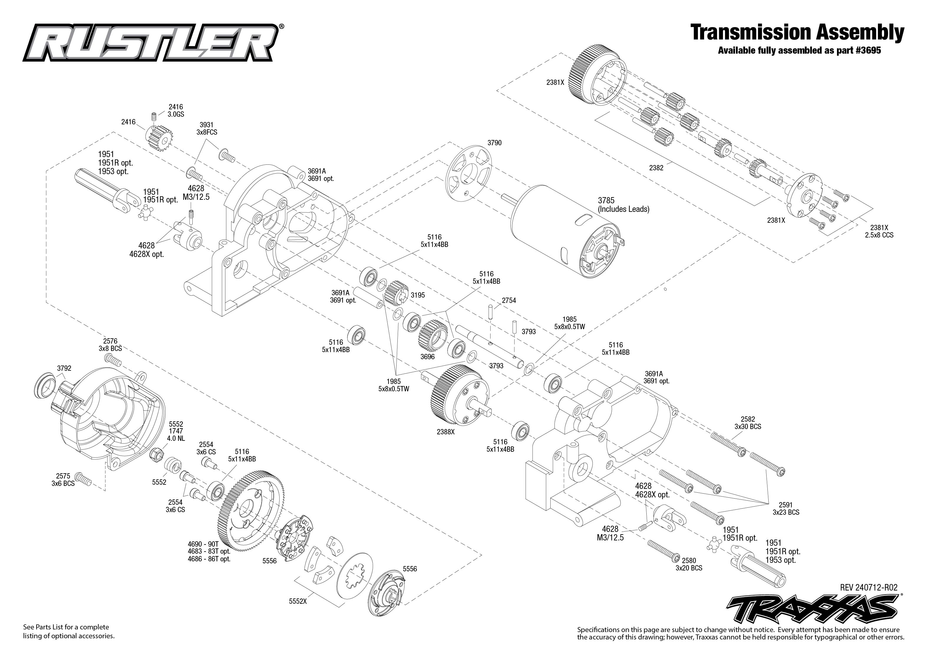 Traxxas Rustler (37254-8) Transmission Assembly Exploded View