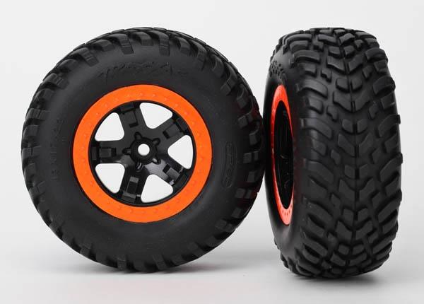 Traxxas Tire & wheel assy, glued (SCT, black, orange beadlock wheels, SCT off-road racing tires, foam inserts) (2) (4WD f/r, 2WD rear) (TSM® rated)
