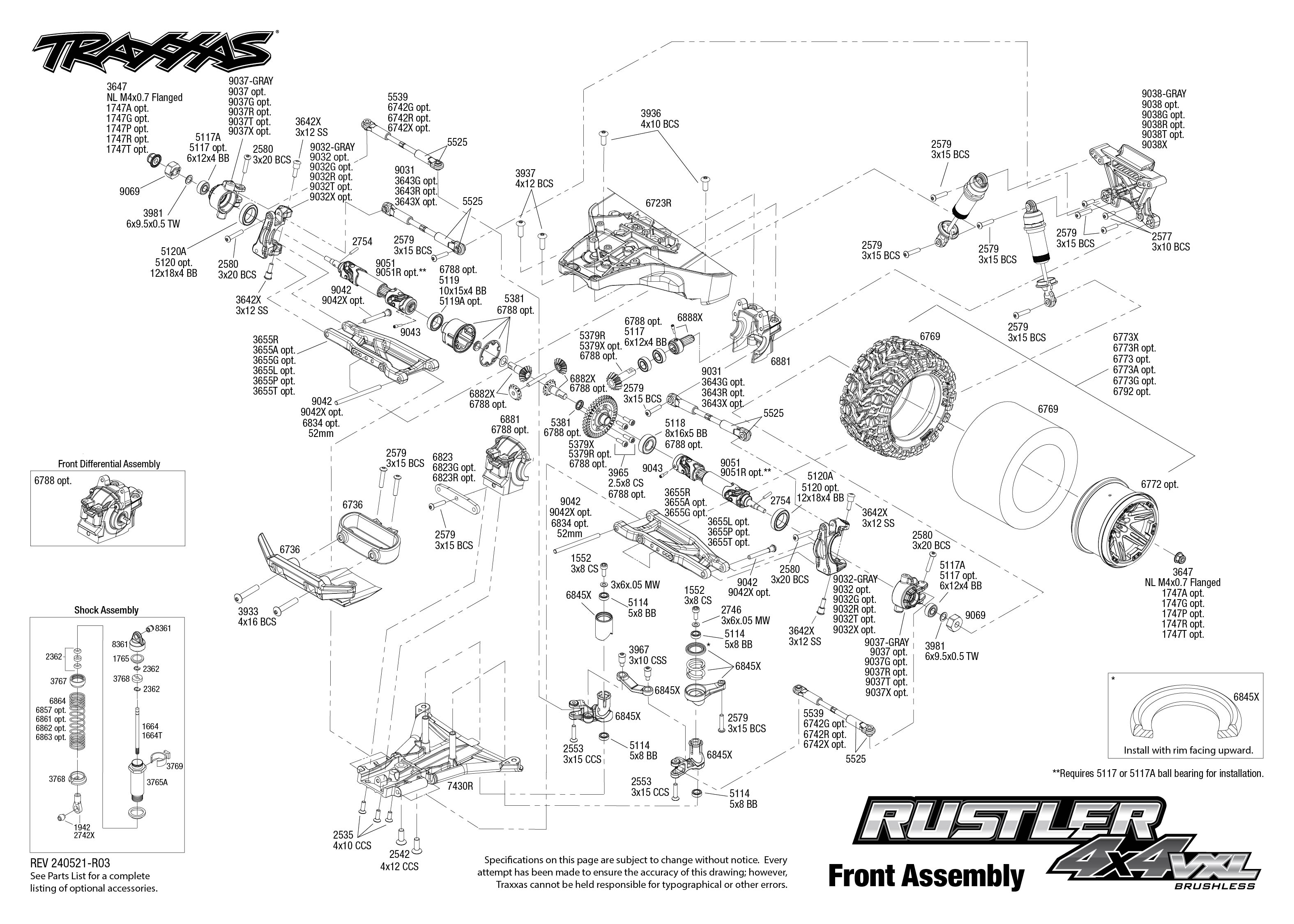 Traxxas Rustler 4X4 VXL (67376-4) Front Assembly Exploded View