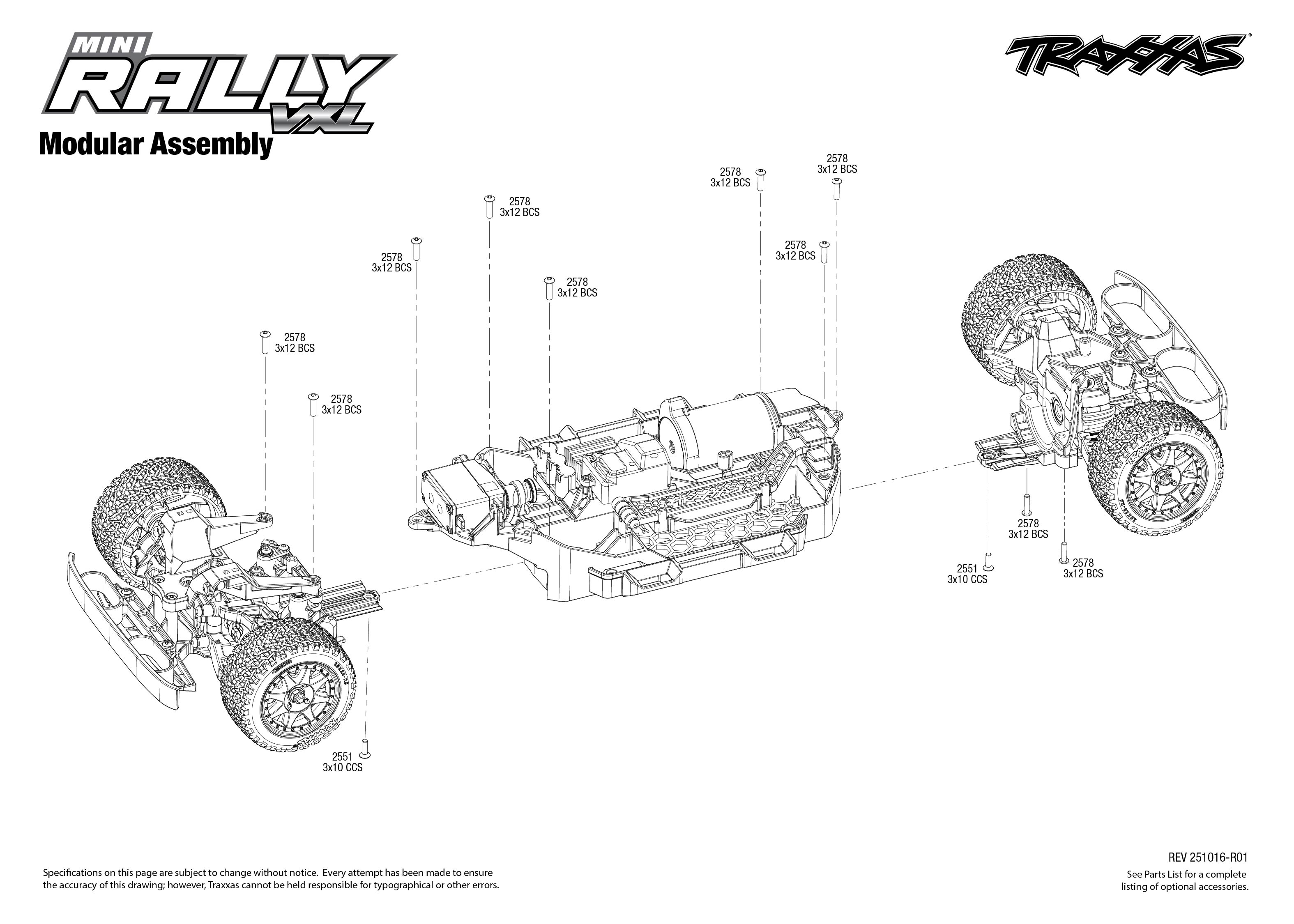 Traxxas Mini Rally VXL Ford RS200 (108046-1) Modular Assembly Exploded View