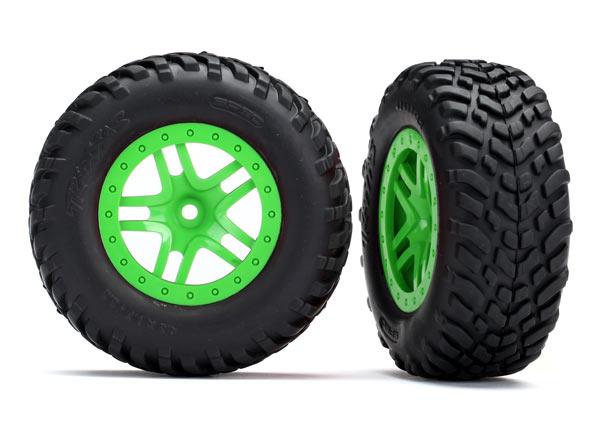 Traxxas Tires & wheels, assembled, glued (SCT Split-Spoke green wheels, SCT off-road racing tires, foam inserts) (2) (4WD f/r, 2WD rear) (TSM® rated)