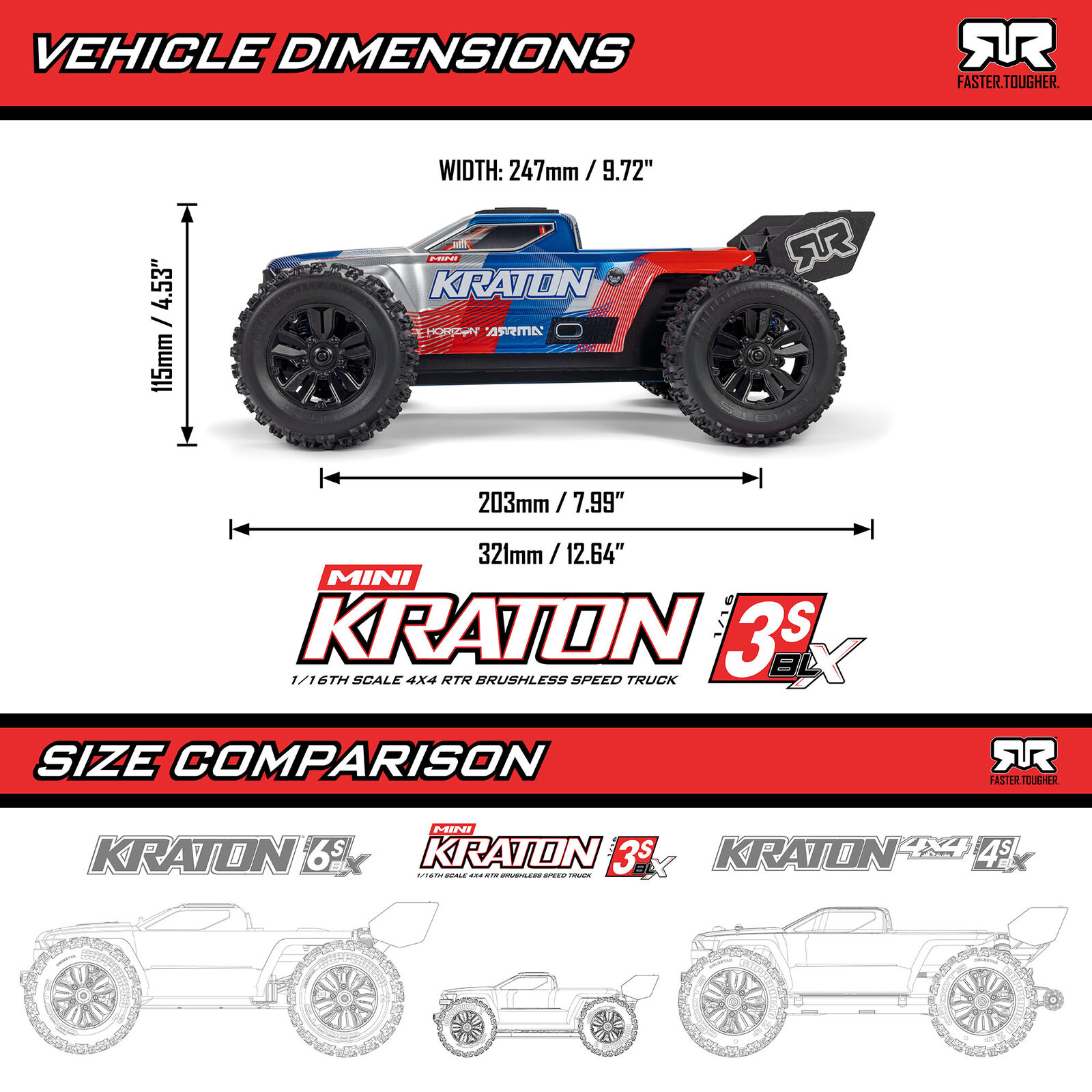 Arrma Mini Kraton 3S DSC 4X4 RTR Brushless Speedtruck (inclusief accu en lader) Red/Blue 1/16