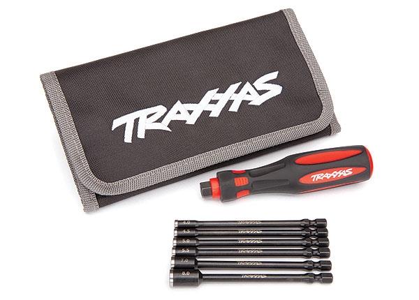 Traxxas Speed Bit Master Set nut driver 6-piece includes premium handle (medium), travel pouch, and nut drivers (4.0mm, 4.5mm, 5.0mm, 5.5mm, 7.0mm, 8.0mm), 1/4" drive
