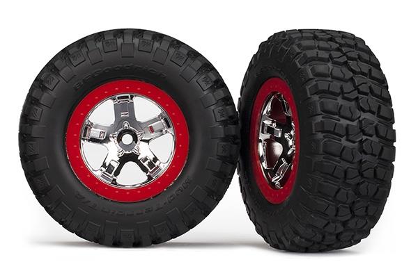 Traxxas Tire & wheel assy, glued (SCT chrome, red beadlock style wheels, BFGoodrich® Mud-Terrain™ T/A® KM2 tires, inserts) (2)(4WD front/rear, 2WD rear only)