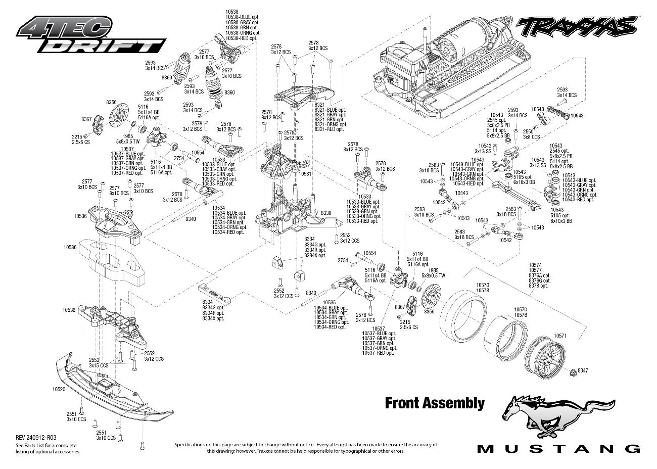 Traxxas 4-Tec Drift Ford Mustang (105237-4) Front Assembly Exploded View
