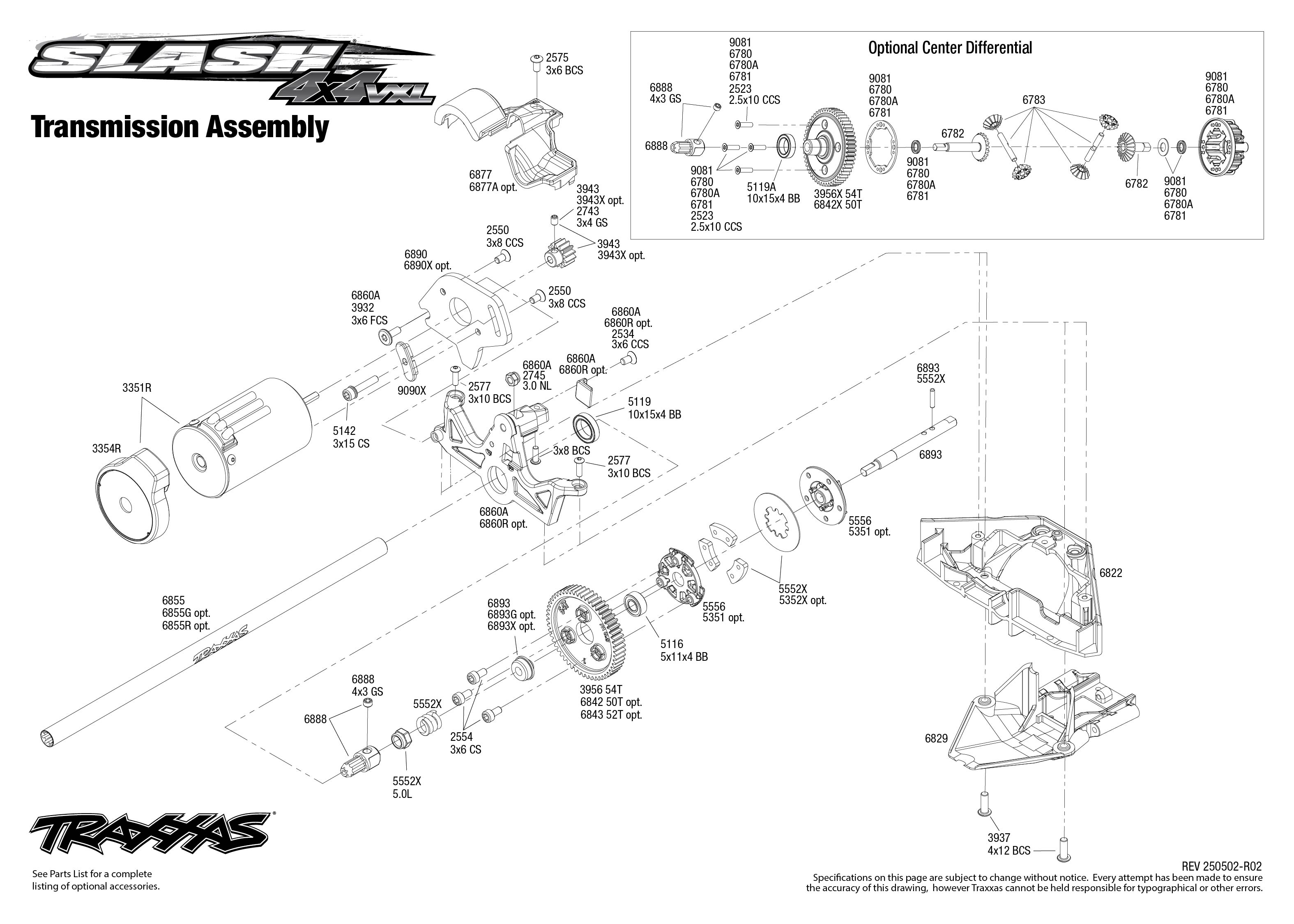 Traxxas Slash 4X4 VXL EHD (68386-4) Transmission Assembly Exploded View