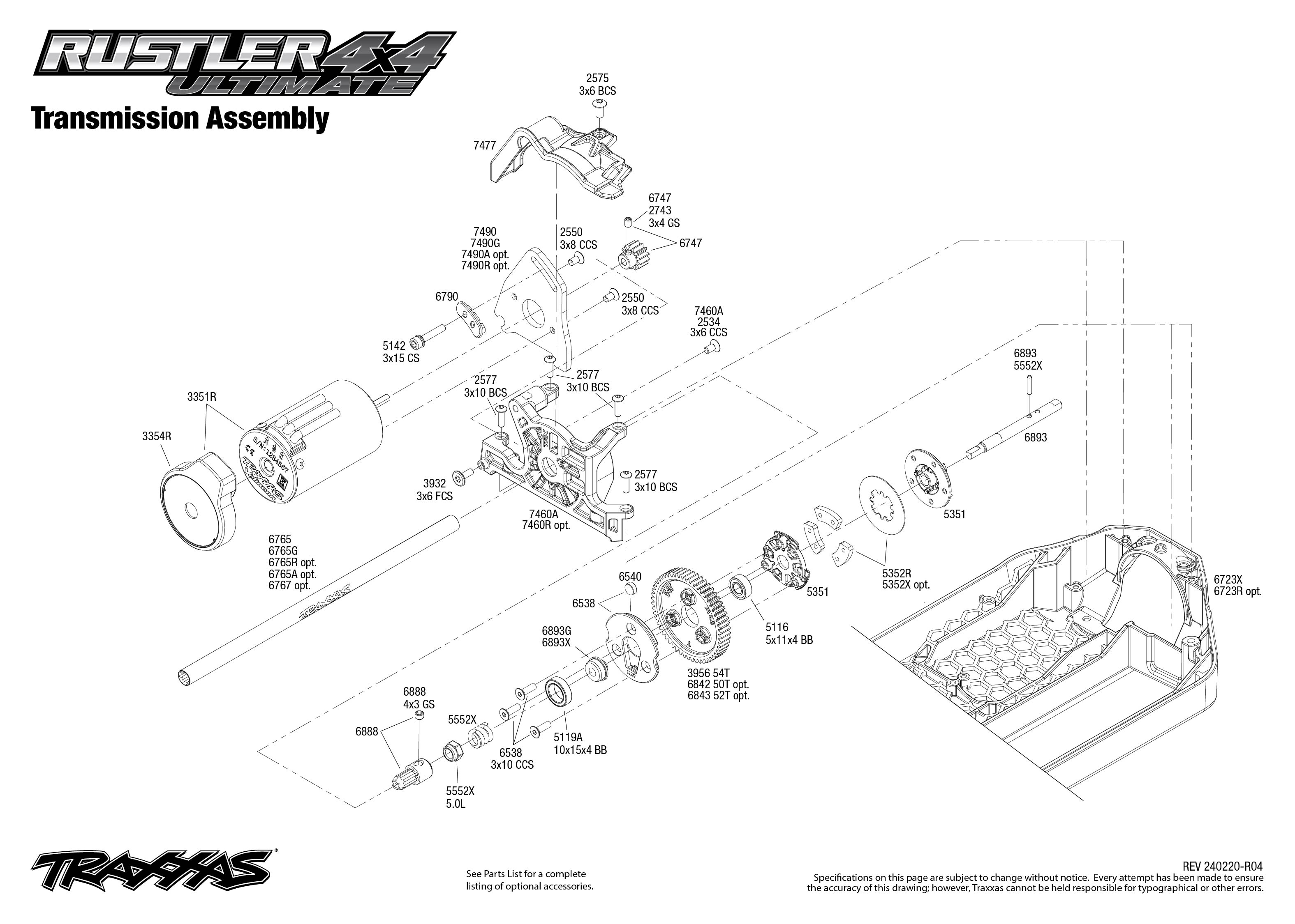 Traxxas Rustler 4X4 Ultimate (67097-4) Transmission Assembly Exploded View
