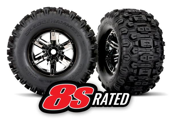 Traxxas Tires & wheels assembled glued (X-Maxx® black chrome wheels Sledgehammer® tires foam inserts) (left & right) (2)