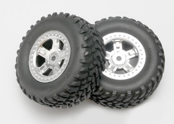 Traxxas Tires & wheels, assembled, glued (SCT satin chrome wheels, SCT off-road racing tires, foam inserts) (2)