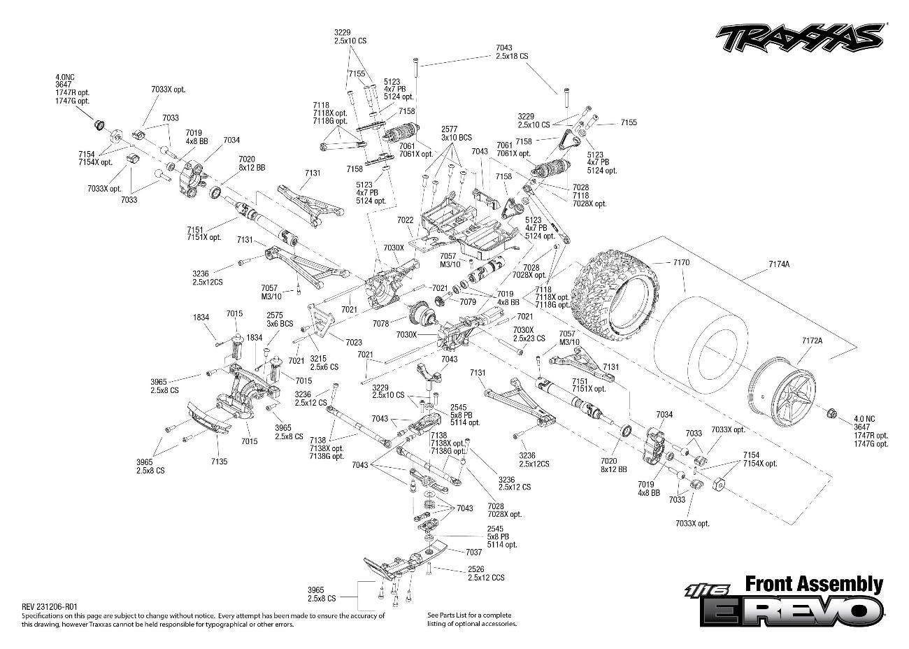 Traxxas 1/16 E-Revo (71054-8) Front Assembly Exploded View