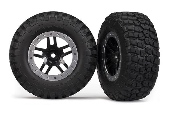 Traxxas Tire & wheel assy, glued (SCT Split-Spoke, black, satin chrome beadlock wheels, BFGoodrich® Mud-Terrain™ T/A® KM2 tires, inserts) (2) (2WD Front)