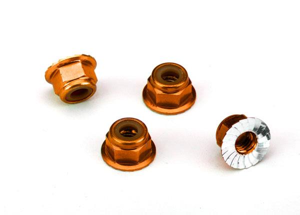 Traxxas Nuts aluminum flanged serrated (4mm) (orange-anodized) (4)