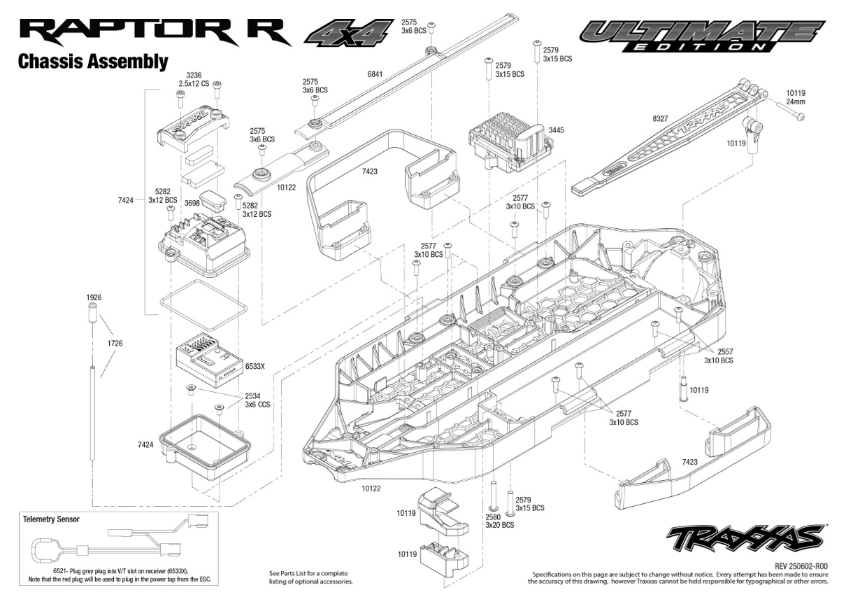 Traxxas Raptor R 4X4 Ultimate (101177-4) Chassis Assembly Exploded View