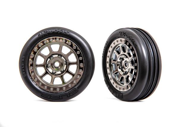 Traxxas Tires & wheels assembled (2.2' black chrome wheels Alias ribbed 2.2' tires) (2) (Bandit front medium compound w/ foam inserts)