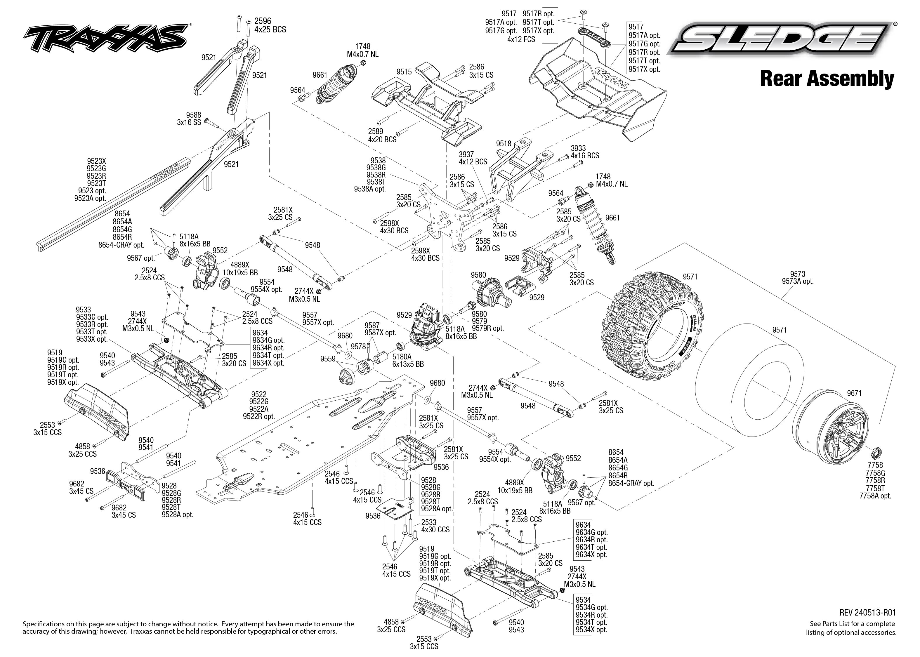 Traxxas Sledge® (95096-4) Rear Assembly Exploded View
