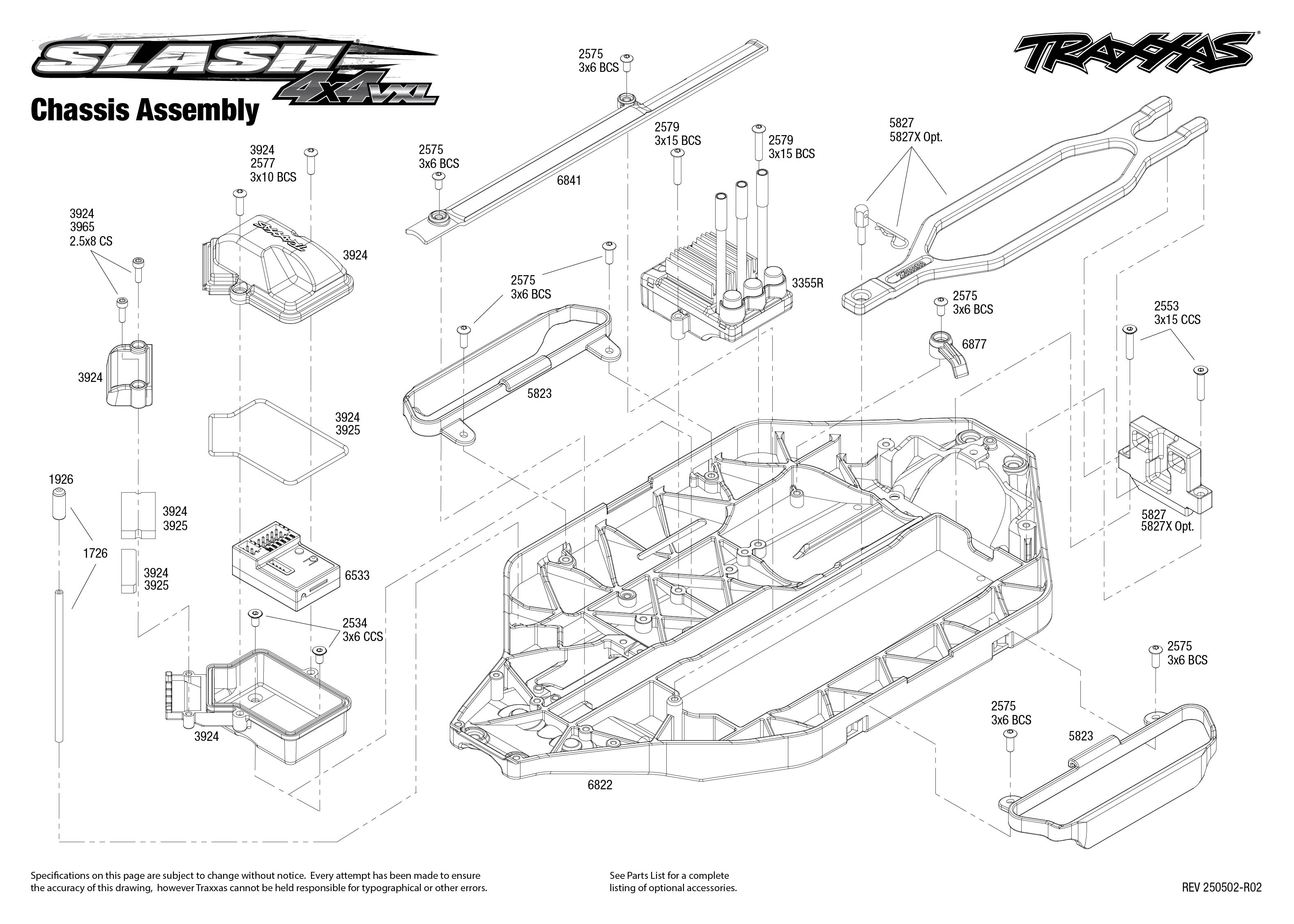 Traxxas Slash 4X4 VXL EHD (68386-4) Chassis Assembly Exploded View