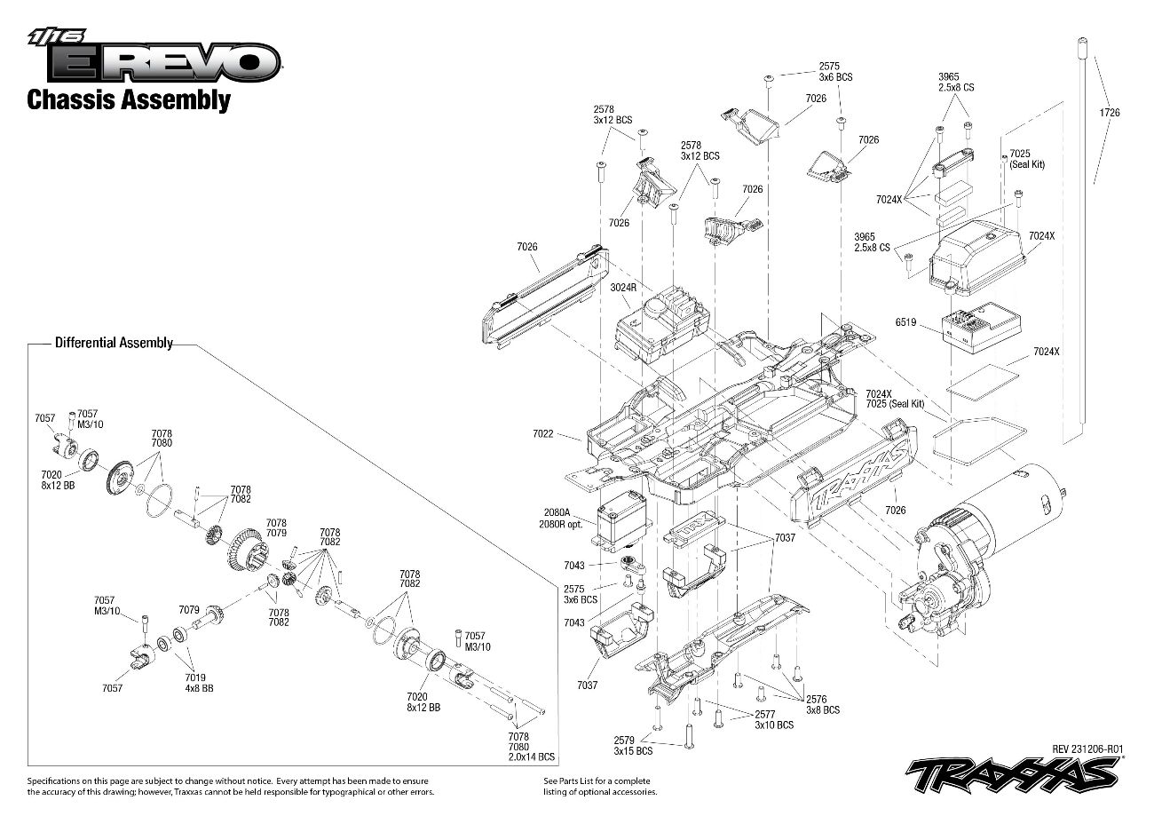 Traxxas 1/16 E-Revo (71054-8) Chassis Assembly Exploded View