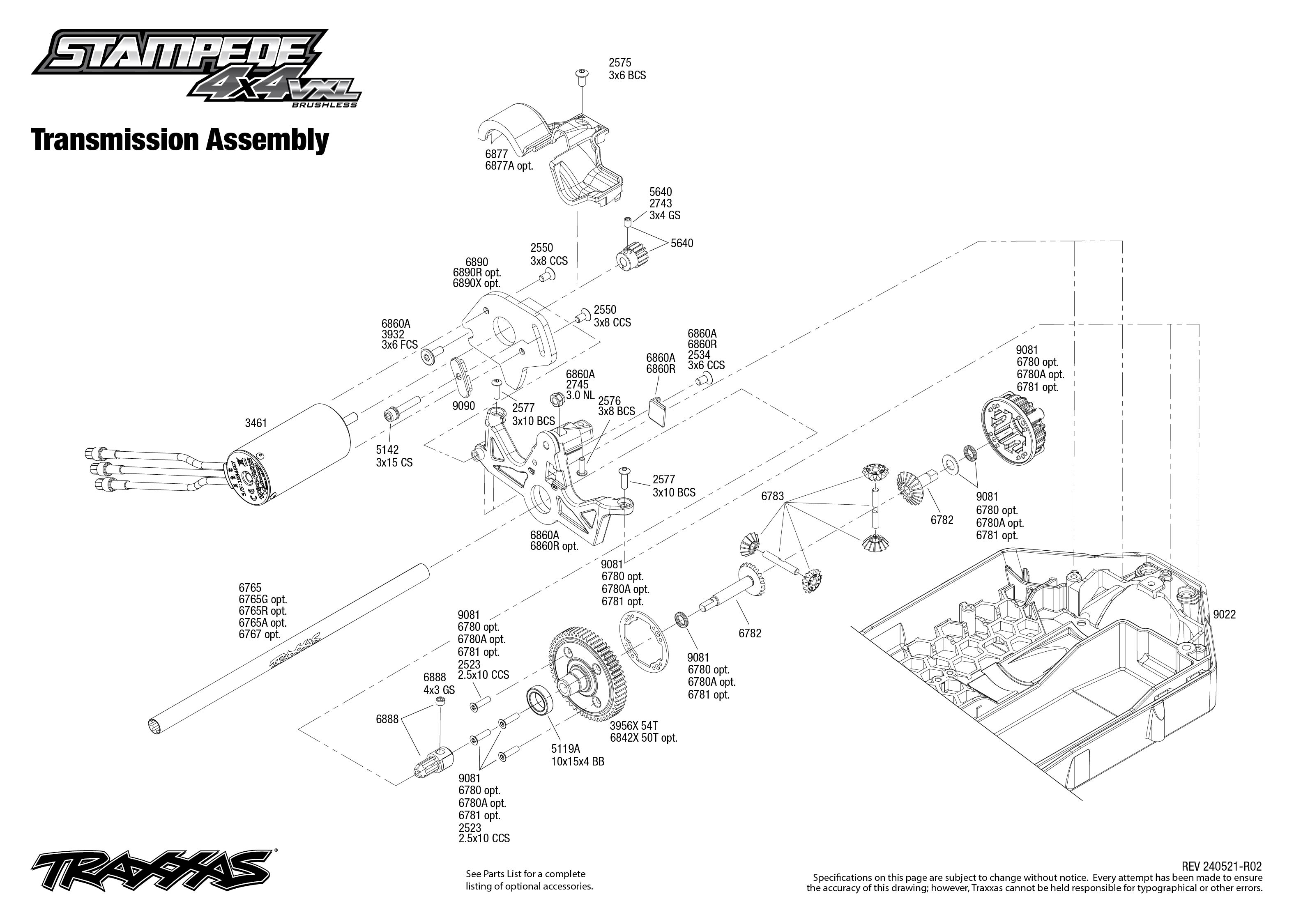 Traxxas Stampede 4X4 VXL (90376-4) Transmission Assembly Exploded View