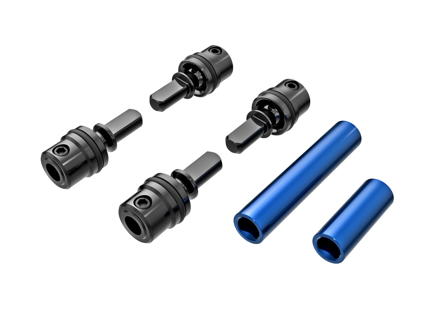 Traxxas Driveshafts, center, male (steel) (4)/ driveshafts, center, female, 6061-T6 aluminum (blue-anodized) (front & rear)/ 1.6x7mm BCS (with threadlock) (4)
