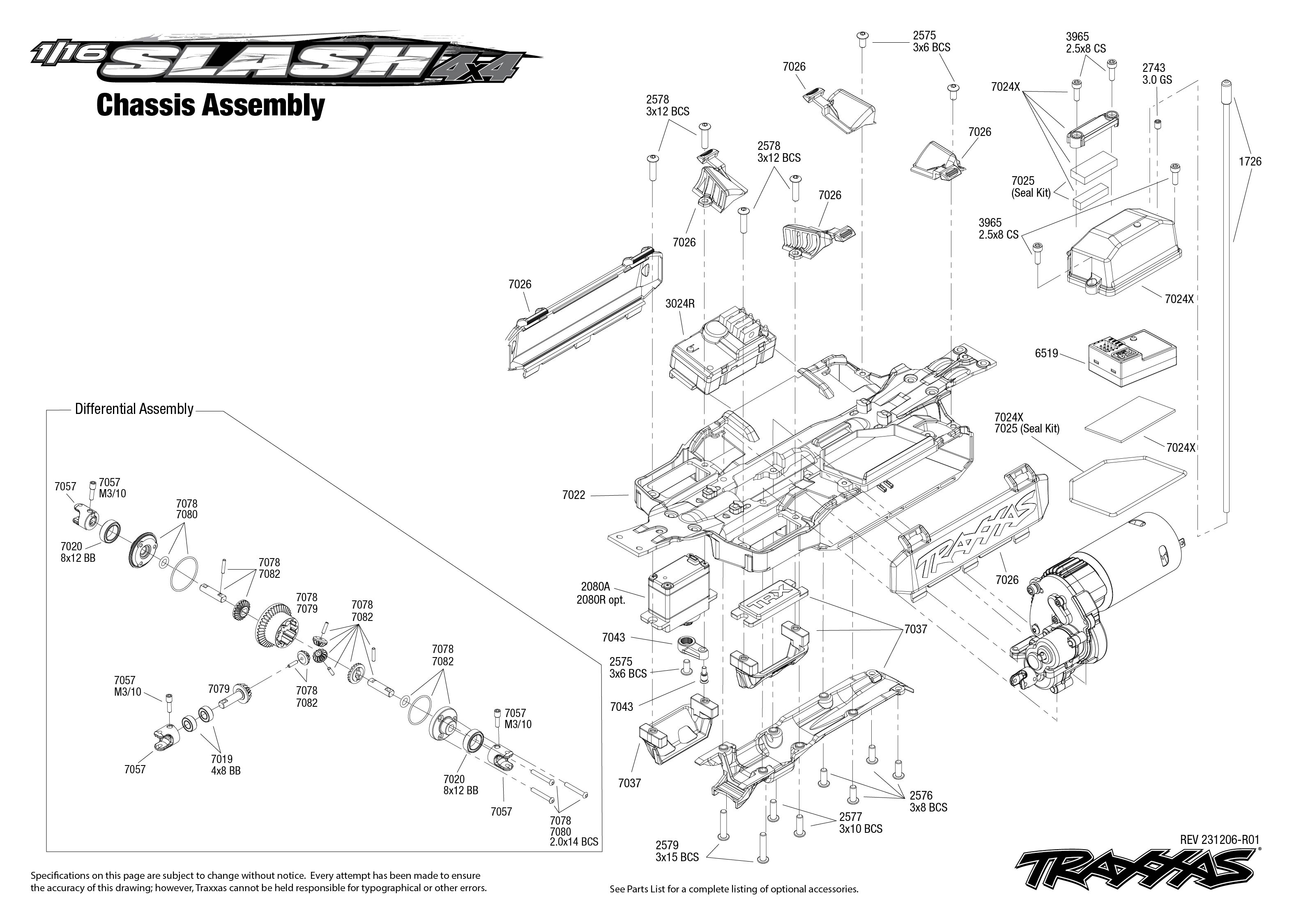 Traxxas 1/16 Slash 4X4 (70054-8) Chassis Assembly Exploded View