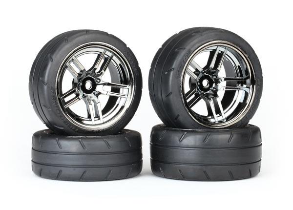 Traxxas Tires & wheels, assembled, glued (split-spoke black chrome wheels, 1.9" Response tires, foam inserts) (front (2), rear (extra wide) (2)) (VXL rated)