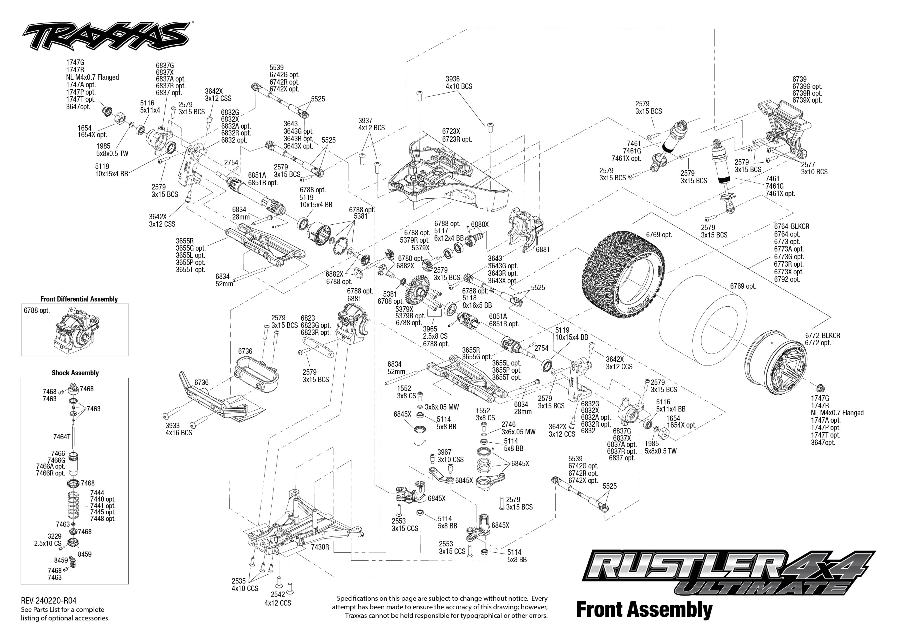Traxxas Rustler 4X4 Ultimate (67097-4) Front Assembly Exploded View
