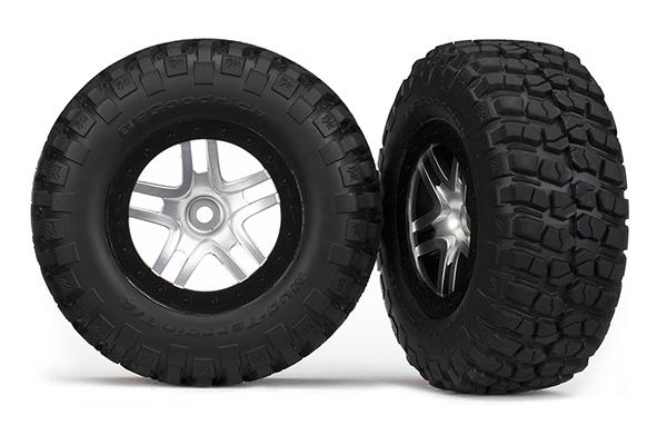 Traxxas Tires & wheels, assembled, glued (SCT Split-Spoke satin chrome, black beadlock style wheels, BFGoodrich® Mud-Terrain™ T/A® KM2 tires, foam inserts) (2) (4WD f/r, 2WD rear) (TSM® rated)