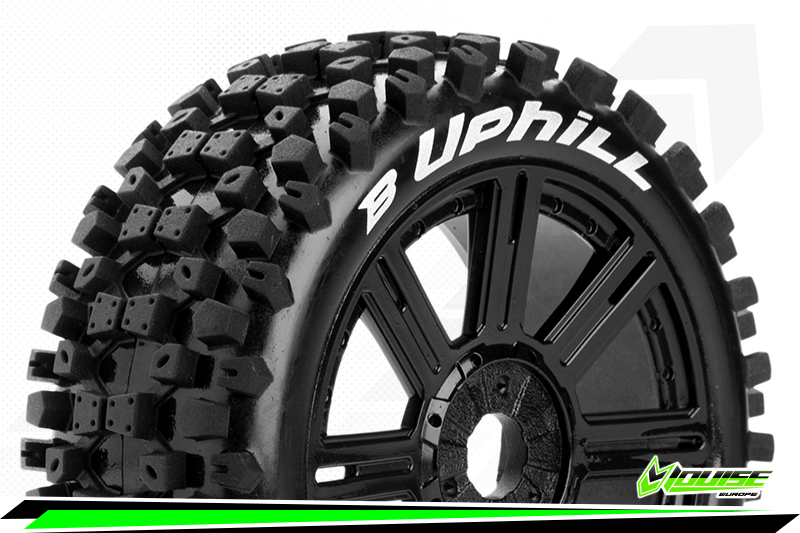 Louise RC B-Uphill 1/8 Buggy Tire Set Mounted Soft Black Spoke Wheels Hex 17mm (2)