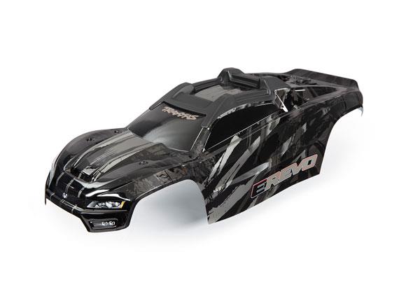 Traxxas Body, E-Revo®, black (painted, decals applied) (assembled with front & rear body mounts and rear body support for clipless mounting)