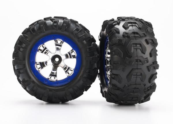 Traxxas Tires & wheels, assembled, glued (Geode chrome, blue beadlock style wheels, Canyon AT tires, foam inserts) (2)