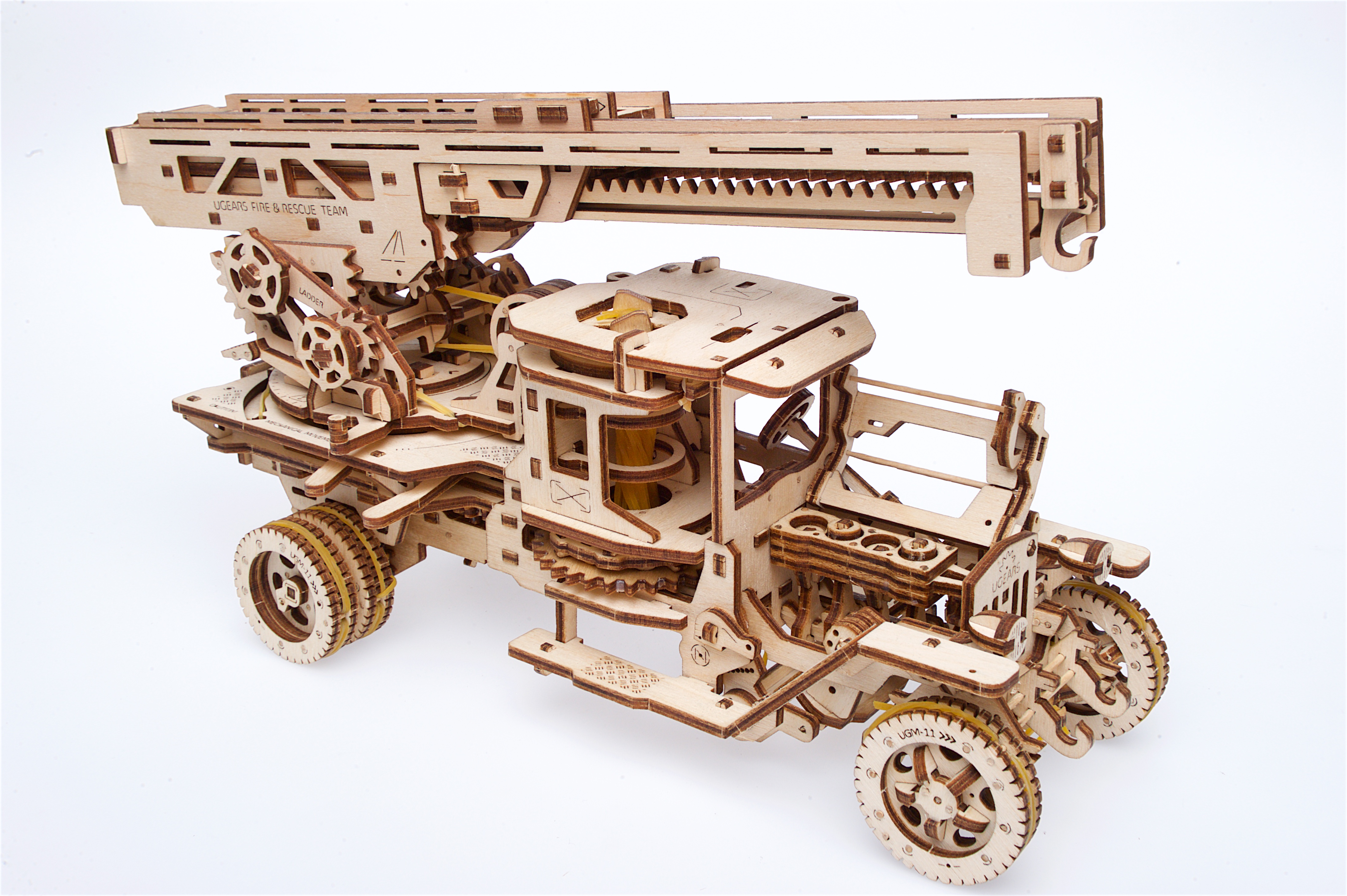 U-Gears Brandweertruck met ladder / Fire Ladder mechanisch houten bouwpakket