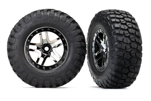 Traxxas Tires & wheels, assembled, glued (SCT Split-Spoke black chrome beadlock style wheels, BFGoodrich® Mud-Terrain™ T/A® KM2 ultra-soft S1 compound off-road racing tires, foam inserts) (2) (4WD f/r, 2WD rear) (TSM rated)
