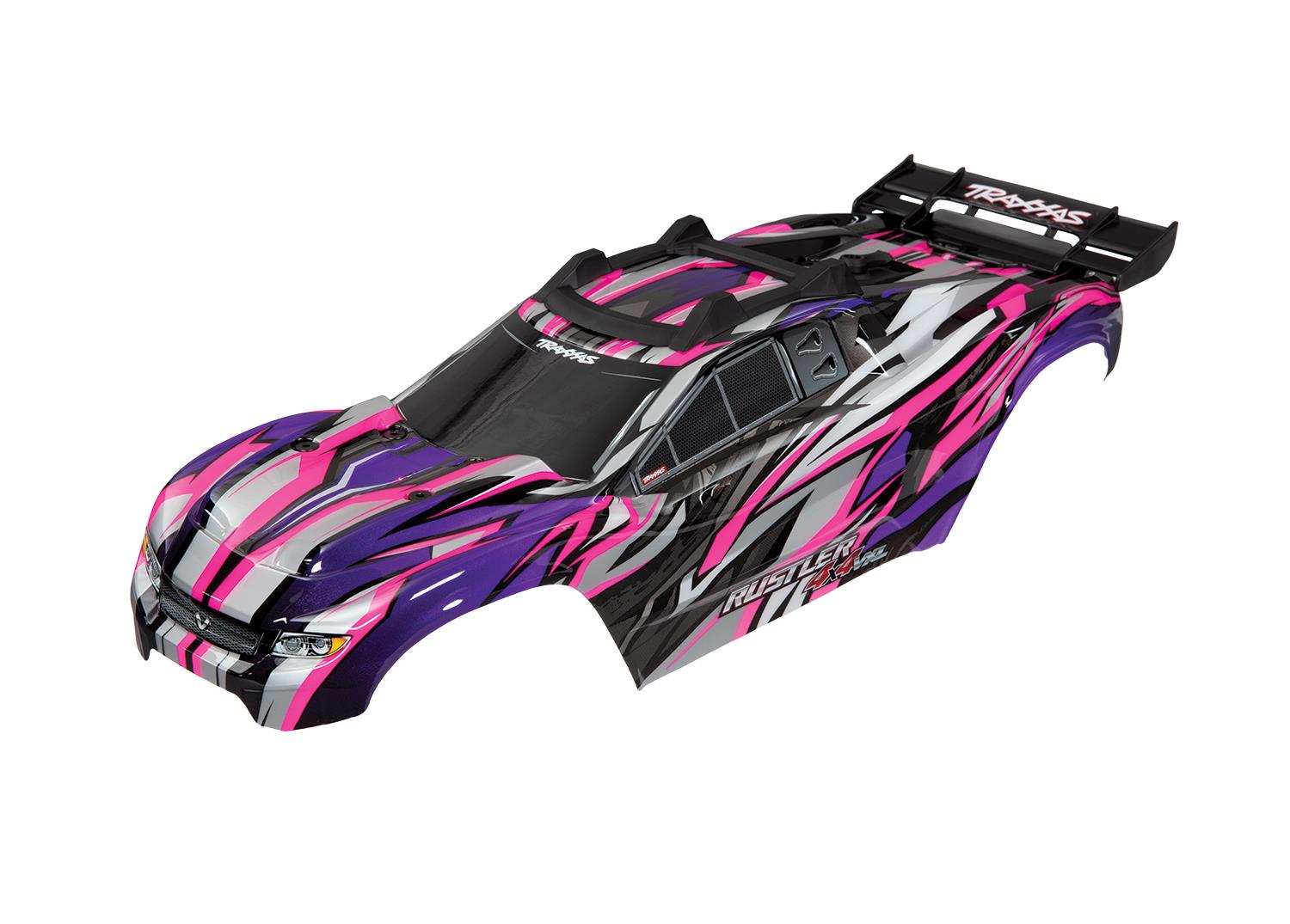 Traxxas Body Rustler 4X4 VXL pink/ window grille lights decal sheet (assembled with front & rear body mounts and rear body support for clipless mounting)