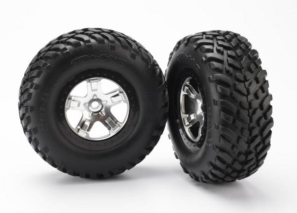 Traxxas Tire & wheel assy, glued (SCTsatin chrome, black beadlock style wheels, SCT off-road racing tires, foam inserts) (2) (4WD front/rear, 2WD rear only)
